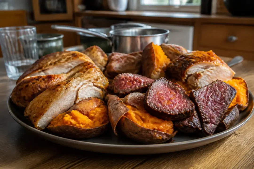 Assiette de rôti de viande avec patates douces coupées, servie sur une table en bois, ambiance rustique.