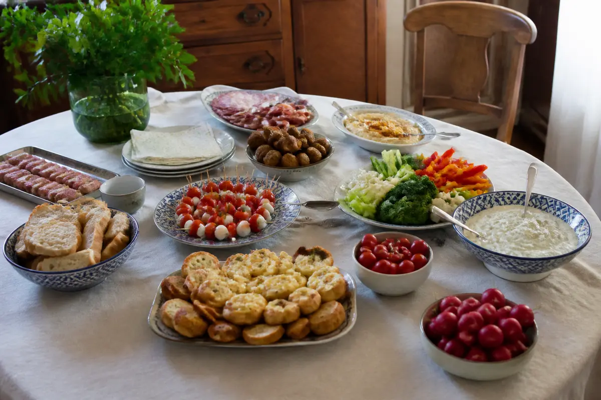 Table dressée avec assortiment de plats variés : légumes, charcuterie, fromages, pain et trempette. Ambiance conviviale.