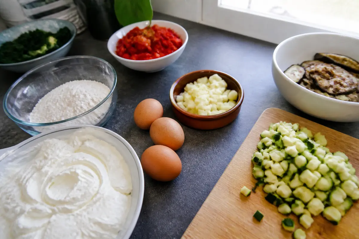 Ingrédients pour une recette : œufs, farine, courgettes, aubergines, tomates, fromage, épinards sur plan de travail.