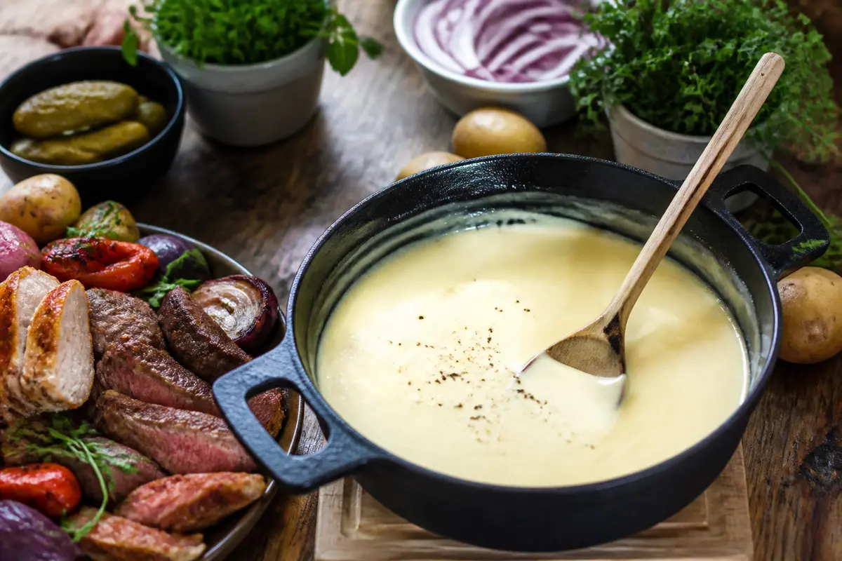 Plat de truffade crémeuse dans une casserole avec viande, légumes et herbes à côté sur une table en bois.