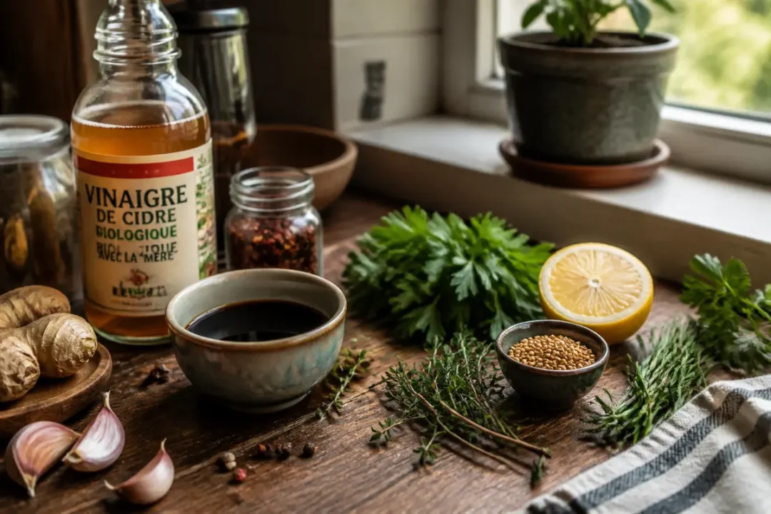 Produits naturels sur table : vinaigre de cidre, herbes, citron et épices pour cuisine saine.