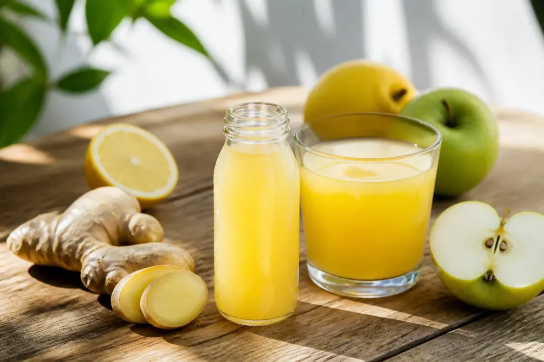 Bouteille et verre de jus jaune avec gingembre, citron et pommes sur table en bois.