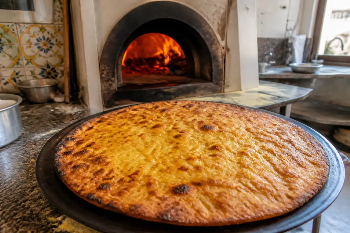 Farinata dorée sur plateau en métal devant un four à bois chaud, dans une cuisine traditionnelle.