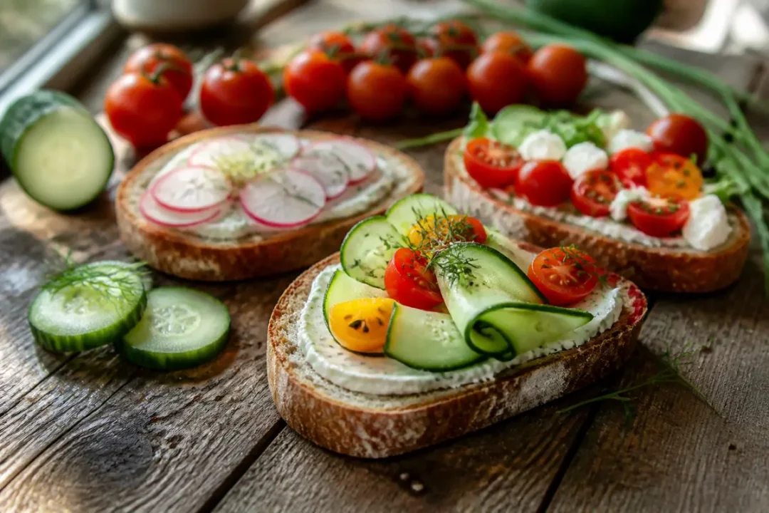 Tranches de pain garnies de légumes frais : concombres, radis, tomates cerises, sur une table en bois.