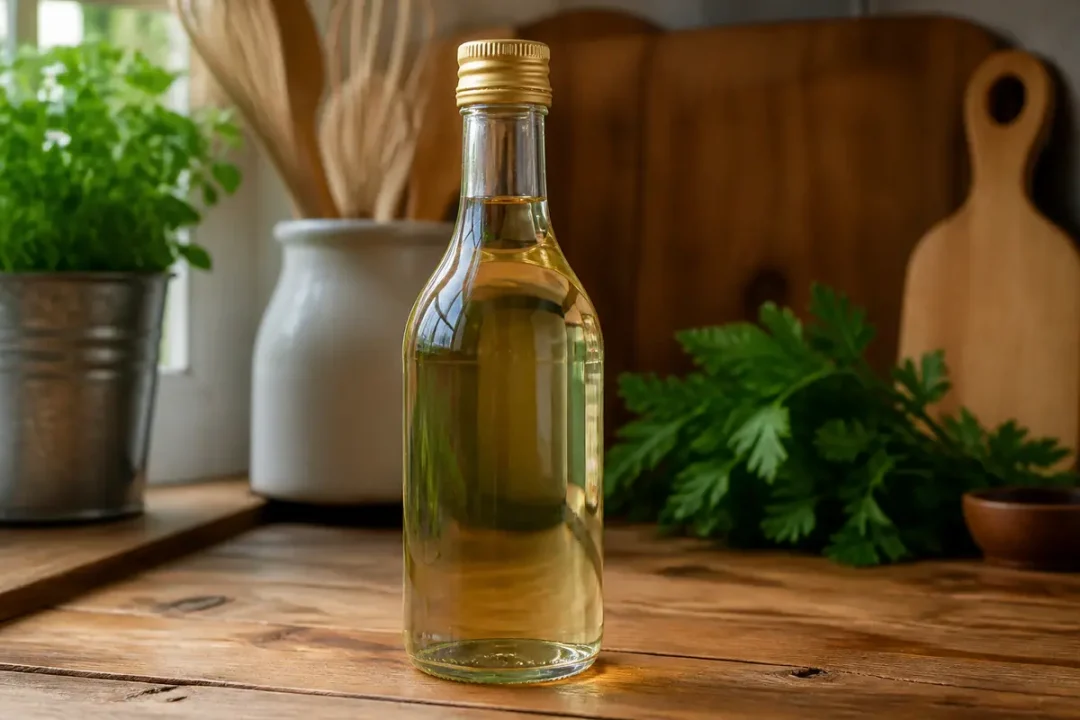 Bouteille de vinaigre posée sur une table en bois, avec plantes vertes en arrière-plan.
