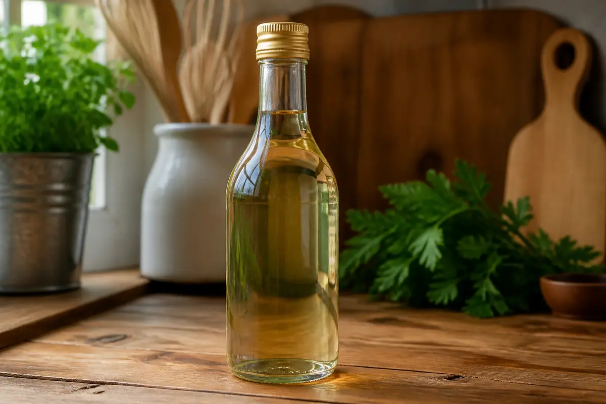 Bouteille de vinaigre posée sur une table en bois, avec plantes vertes en arrière-plan.