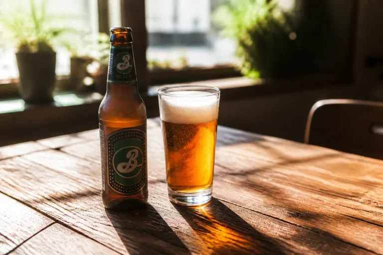 Bouteille et verre de bière Brooklyn sur une table en bois illuminée par le soleil