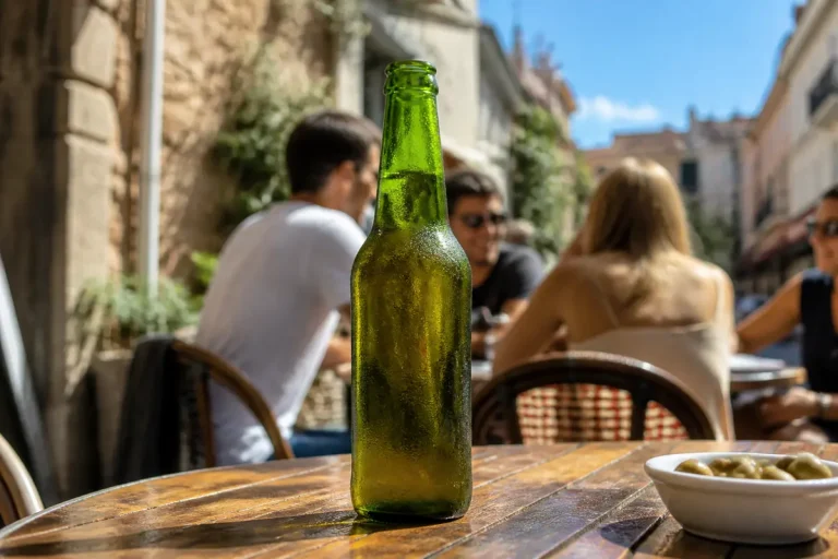 Bouteille de bière Peroni sur table extérieure, groupe de personnes en arrière-plan flou.
