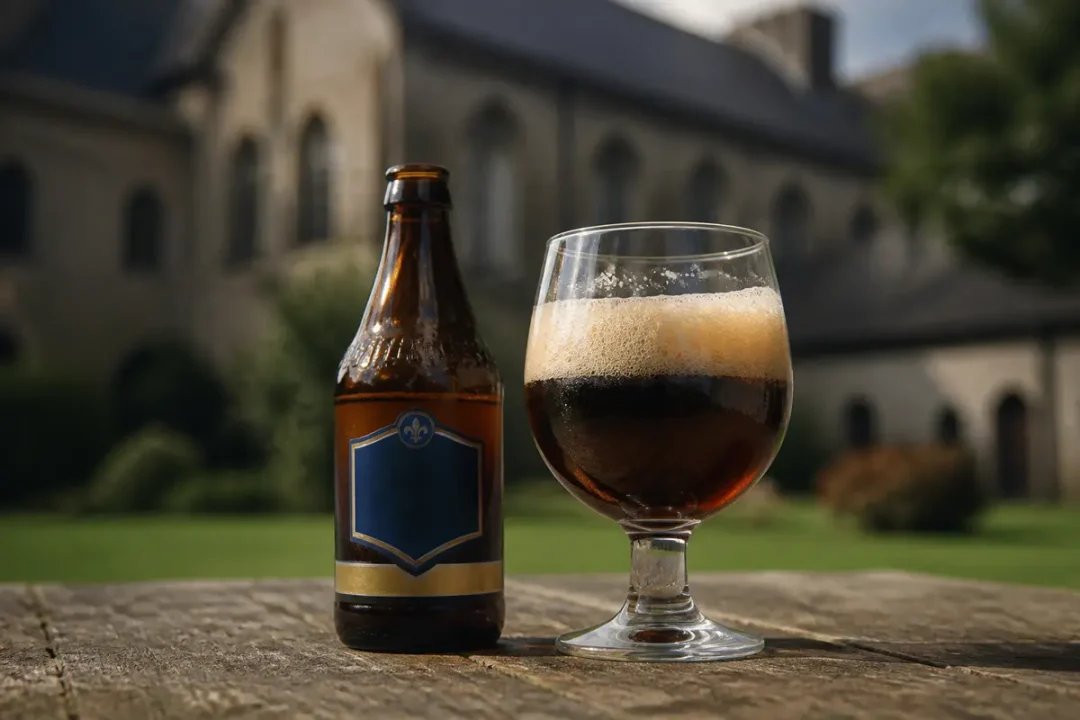 Bouteille et verre de bière Chimay Bleue devant une abbaye en arrière-plan.