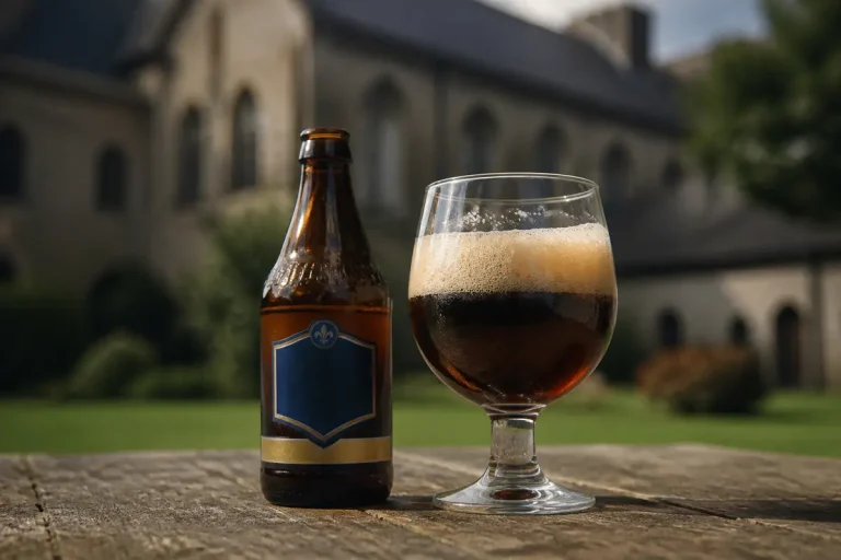 Bouteille et verre de bière Chimay Bleue devant une abbaye en arrière-plan.