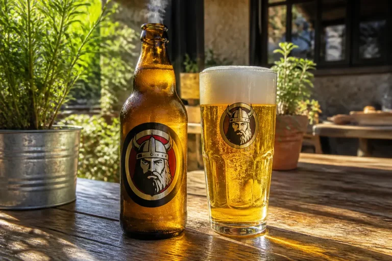 Bouteille et verre de bière artisanale Faxe dans un jardin ensoleillé.