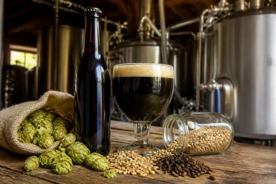 Verre et bouteille de bière artisanale, ingrédients de la meilleure bière du monde exposés.